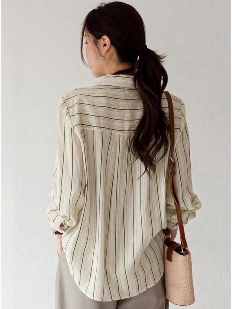 Retro Striped Long Sleeve Shirt with Fold Collar and Pocket - Korean Casual Spring/Summer Style