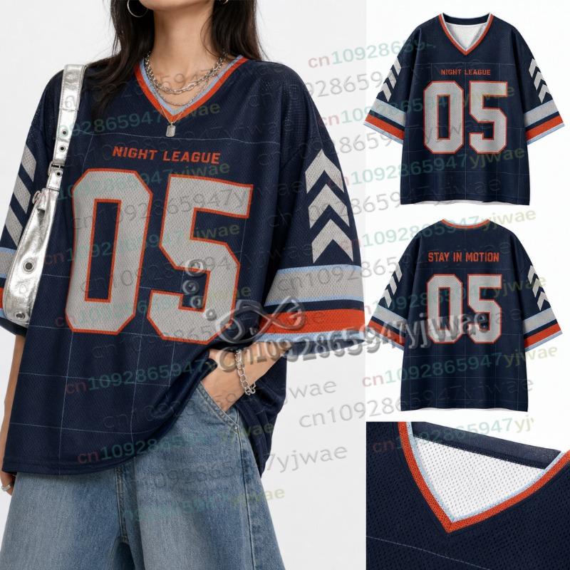 Amerikanisches Streetwear-Fußballtrikot Sommer-Sonderedition Damen V-Ausschnitt Loch T-Shirt Kurzarm Rushready Y2K Herrenbekleidung