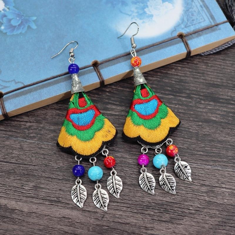 Retro hand-embroidered fabric earrings female long flower fringed versatile temperament performance earrings earrings