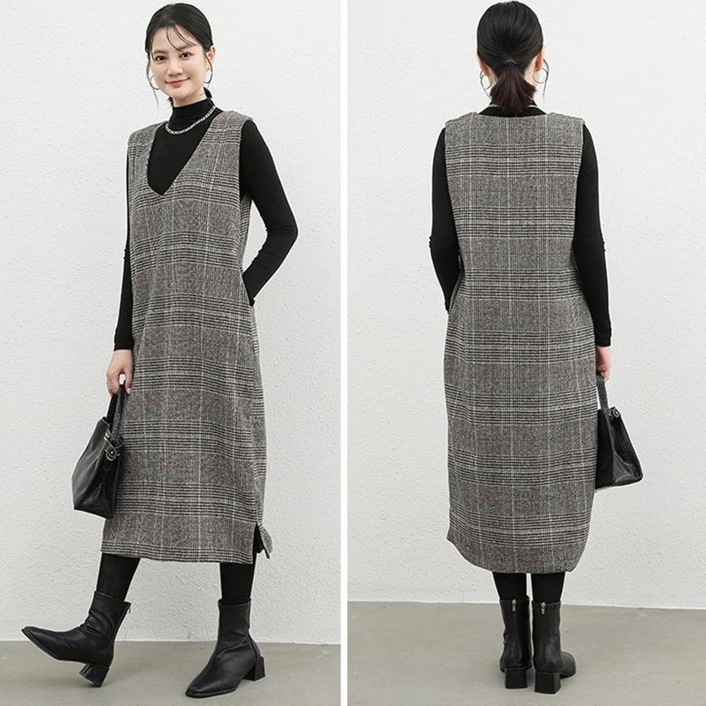 [SINGLE MANY] Women's Checkered Jumper Skirt with Vest, Long Length, Stylish, Flattering, Casual, All Seasons, Size L