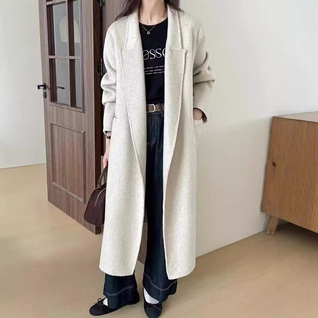 Костюм воротник однотонный шнуровка длинный двусторонний шерстяной пальто с карманами, универсальный, теплый и новый стиль шерстяное пальто для женщин S