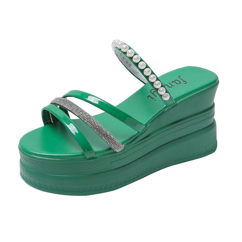 

Thick-soled slippers women s high-end sense new summer wear fashion muffin slope heel slippers explosion increase sandals 39 зелёный