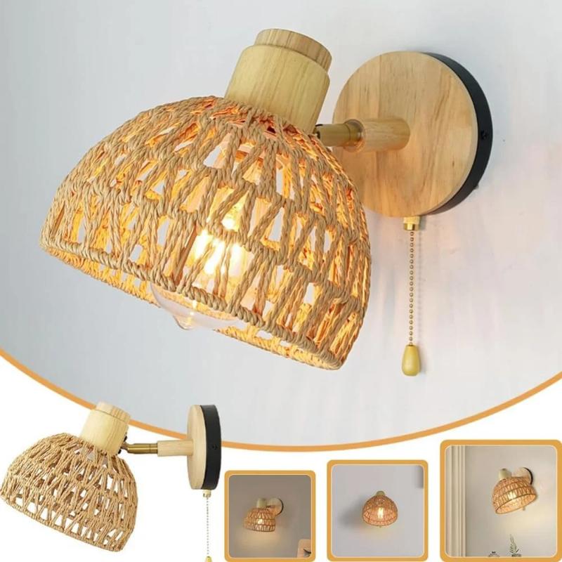 New Retro Hemp Rope Woven Wooden Wall Lamp Bedroom Bedside Lamp Living Room Dining Room Study Decorative Lighting E27