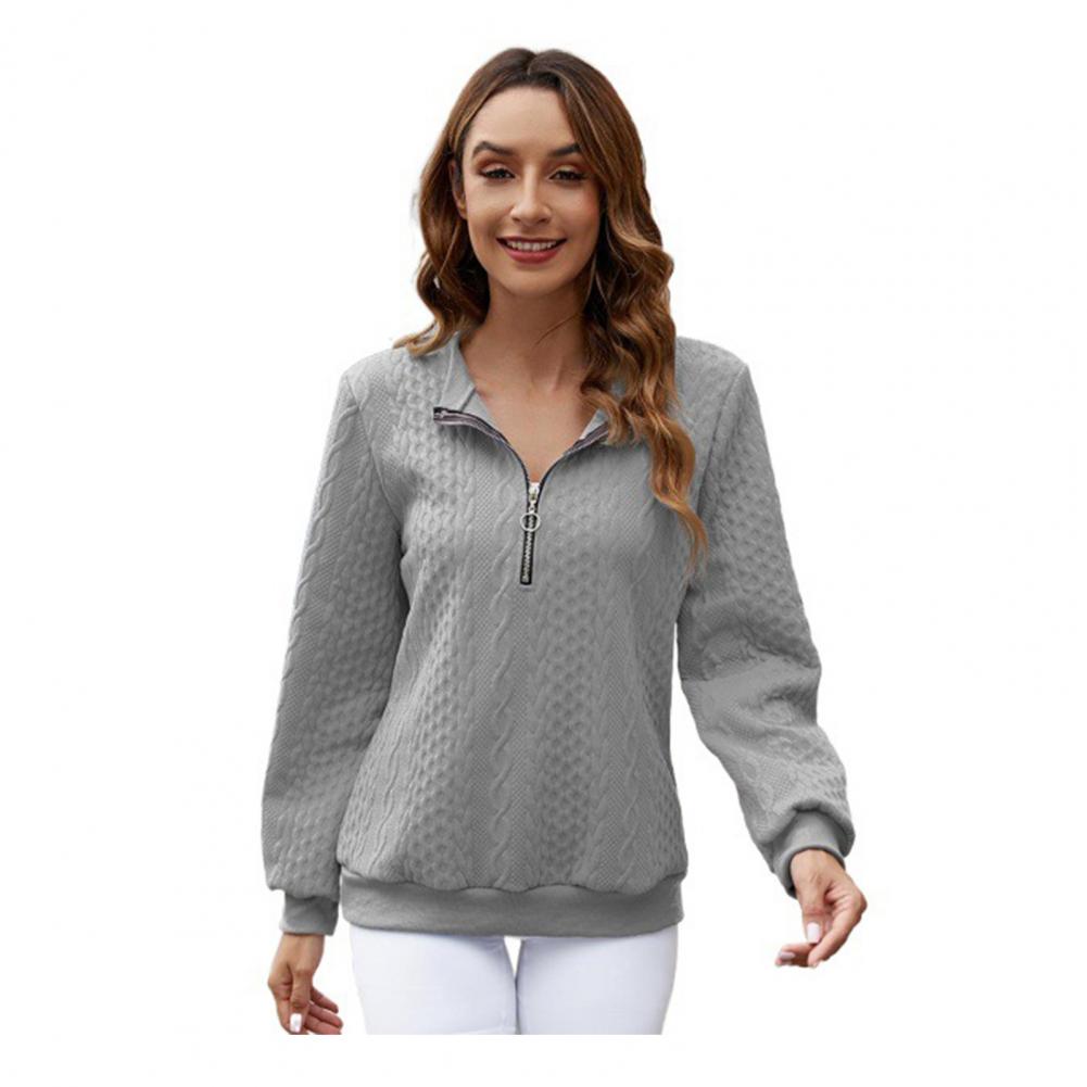 Fall Winter Women Sweatshirt Zipper Turn-down Collar Solid Color Long Sleeve Loose Twisted Texture Thick Warm Pullover Casual La