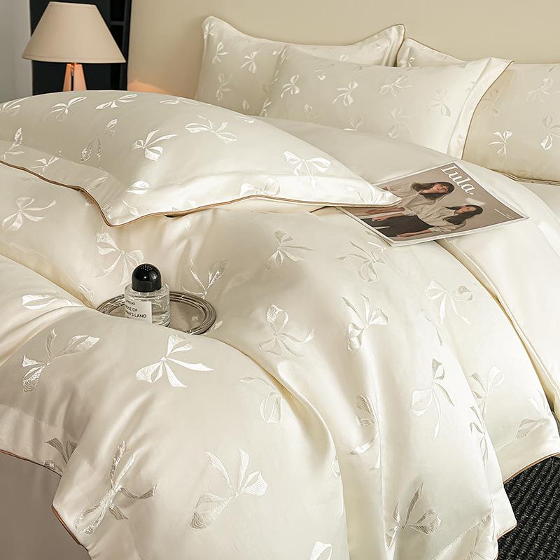 

Silky Tencel Jacquard Duvet Cover Set - Luxury Summer Bedding with Bowknot Design 1.2m Bedspread 3-Piece Set [Duvet Cover 150x200]