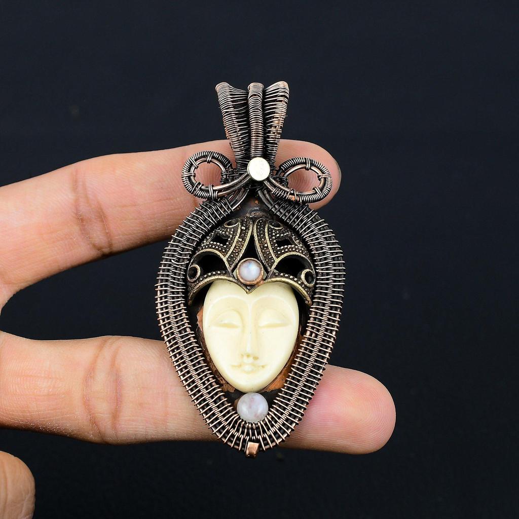 Carved Bone Face Gemstone Pure Copper Wire Wrapped Designer Handmade Pendant Jewelry Gift