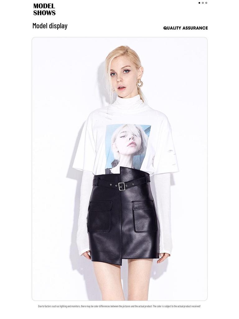 Spring Women's High Waist Genuine Sheepskin Leather A-line Shorts