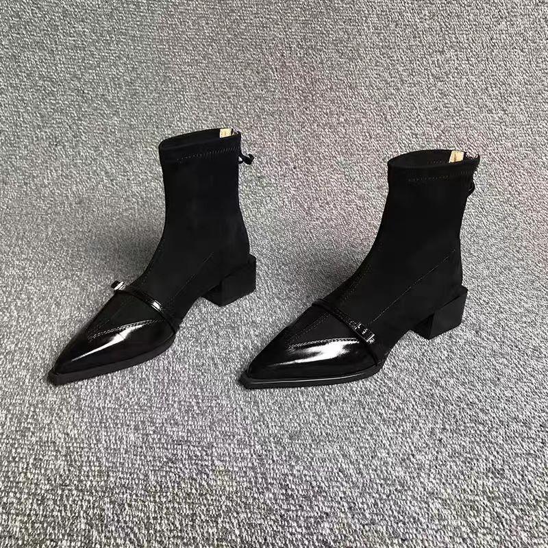 2025 New Patchwork Boots Autumn Women's Versatile Fashion Pointed Toe Thick Heel Niche Design Zipper Short Boots 35--40 Size