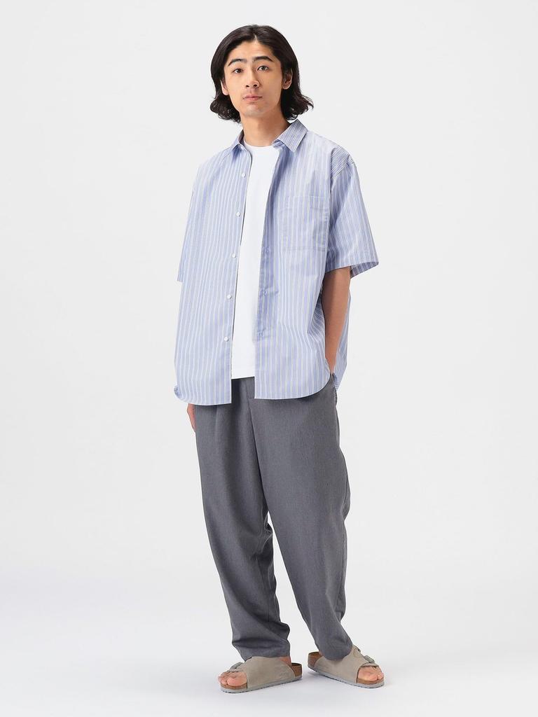 B:MING LIFE STORE by BEAMS Men's Short Sleeve Shirt, Polyester Broadcloth, Size M, BLUE_STRIPE