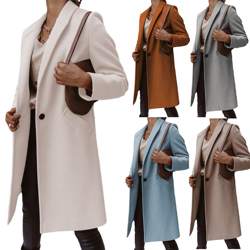 Lapel Autumn Winter Woolen Coat Women Outerwear Solid Color Mid-length