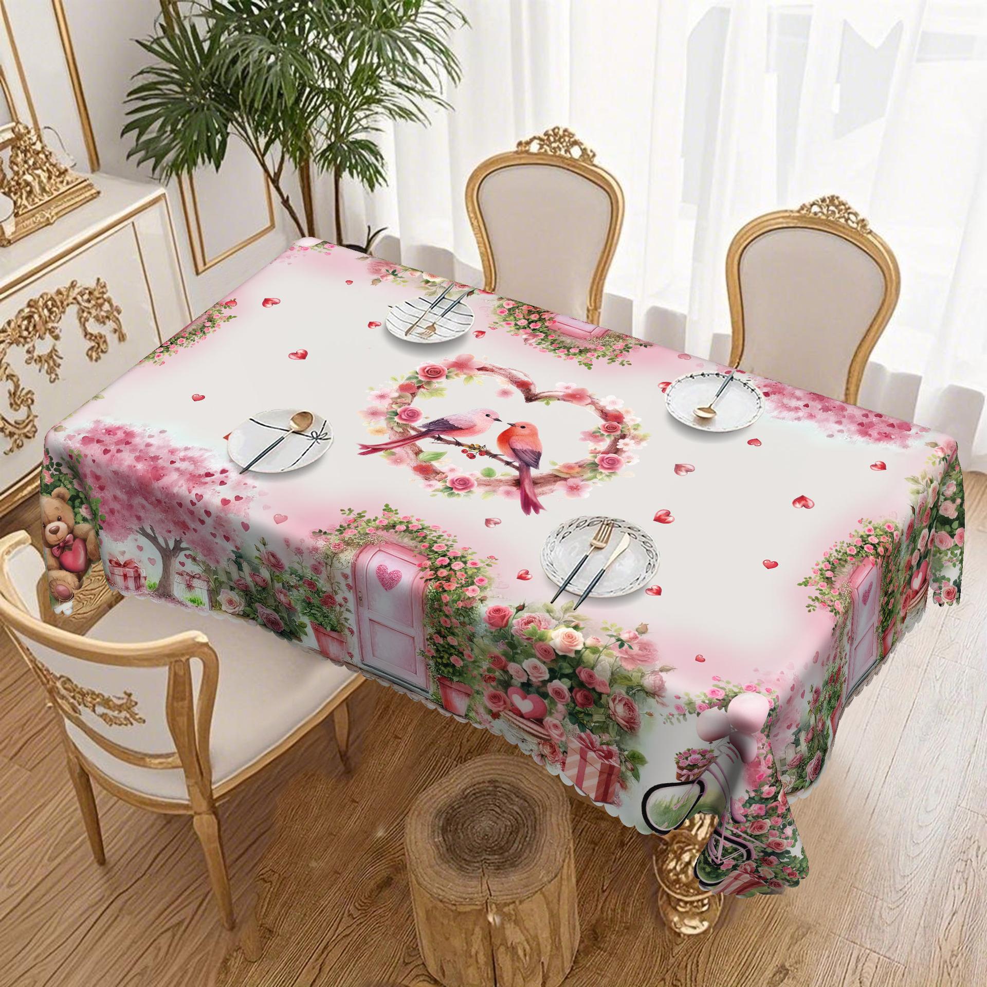 

Pink Pastoral Tablecloth, Peach Blossom Bird Love Element Waterproof And Oil-Proof Leave-In, European Round Dining Table Cloth Round tablecloth-152x152cm