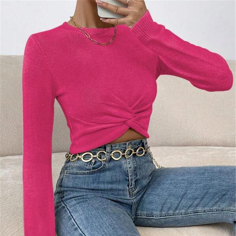 Autumn And Winter Slim Women's Fashion Solid Colour Versatile Round Neck Design Cross Knit Top Sweater