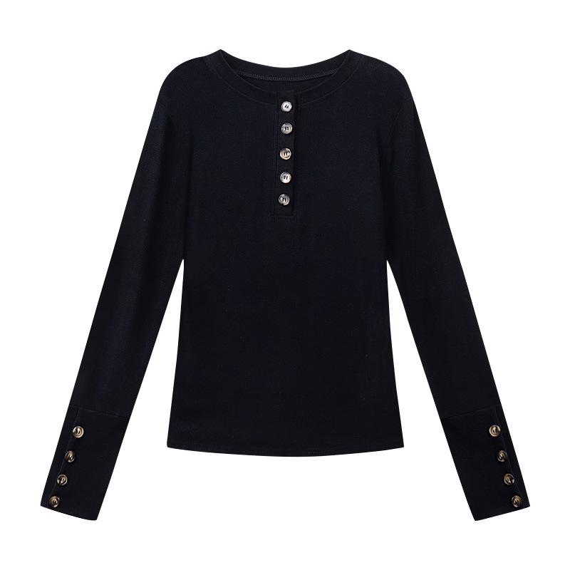 Spicy Girl Design V-Neck Button-Up Long-Sleeve Henley Top - Waist-Cinched, Slimming for Autumn/Winter