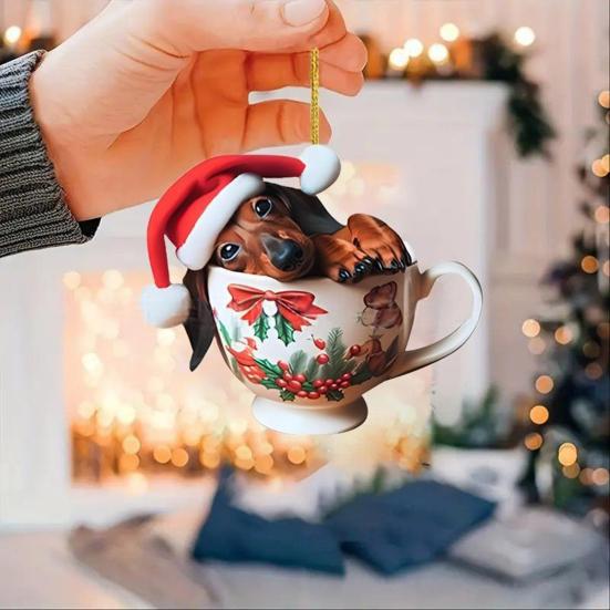 Dachshund Christmas Ornament Puppy In Mug Christmas Tree Ornament 2D Acrylic Dachshund Hanging Decor Gifts for Dog Lovers