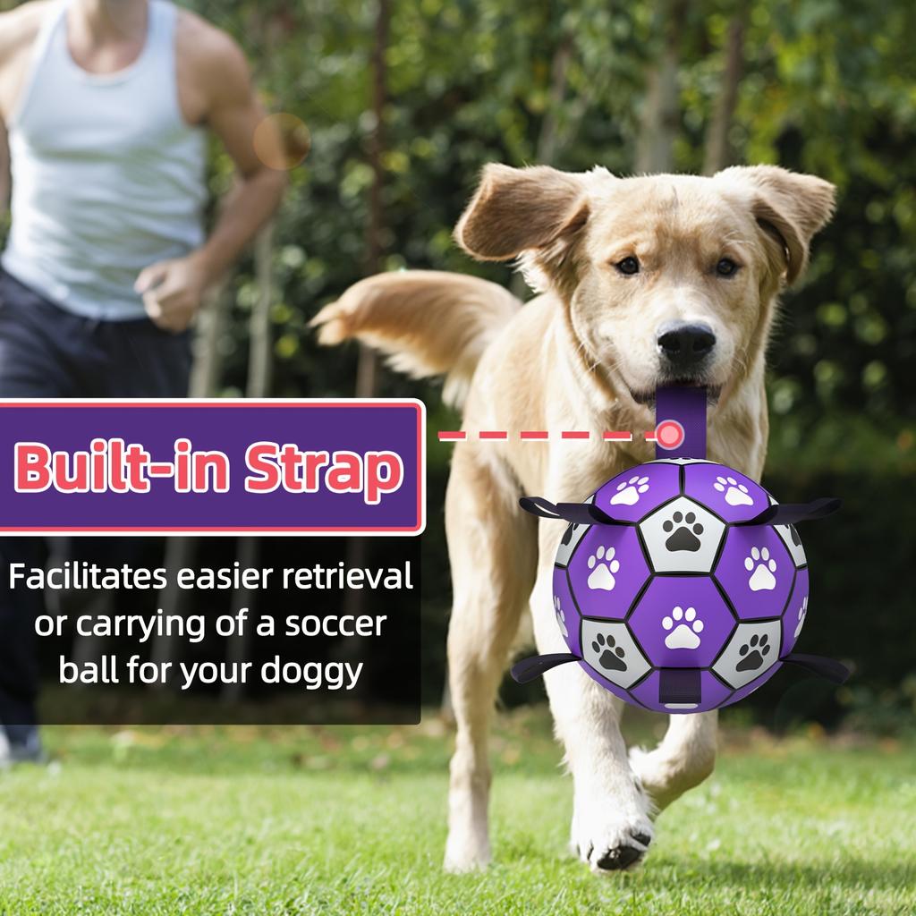 Durable Rubber Dog Soccer Ball with Straps - Interactive Chew-Resistant Pet Toy for All Breed Sizes, Purple &Black with Paw Print Design,Dog Ball Toy
