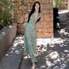 (double Layer) Green Floral Dress for Women's Summer Seaside Vacation Wear, Summer Sleeveless A-shaped Long Dress