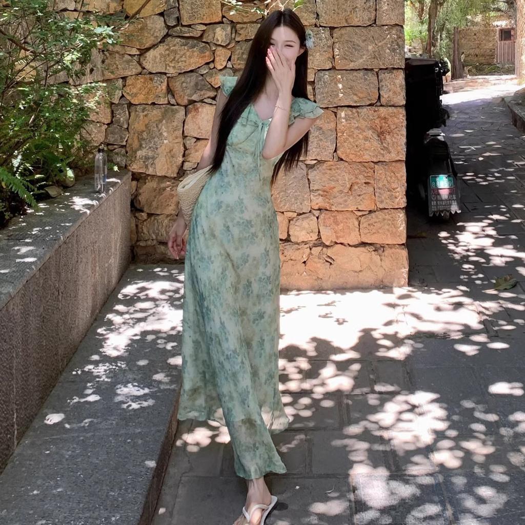 (double Layer) Green Floral Dress for Women's Summer Seaside Vacation Wear, Summer Sleeveless A-shaped Long Dress