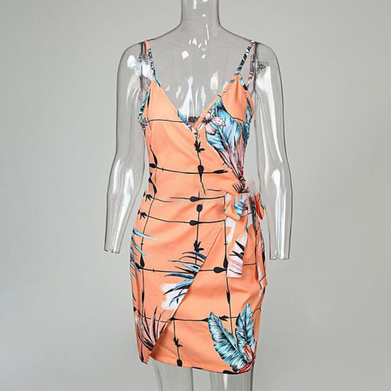 Summer Dress Floral Leaves Print Skinny Female Spaghetti Strap Bohemian Beachwear for Beach