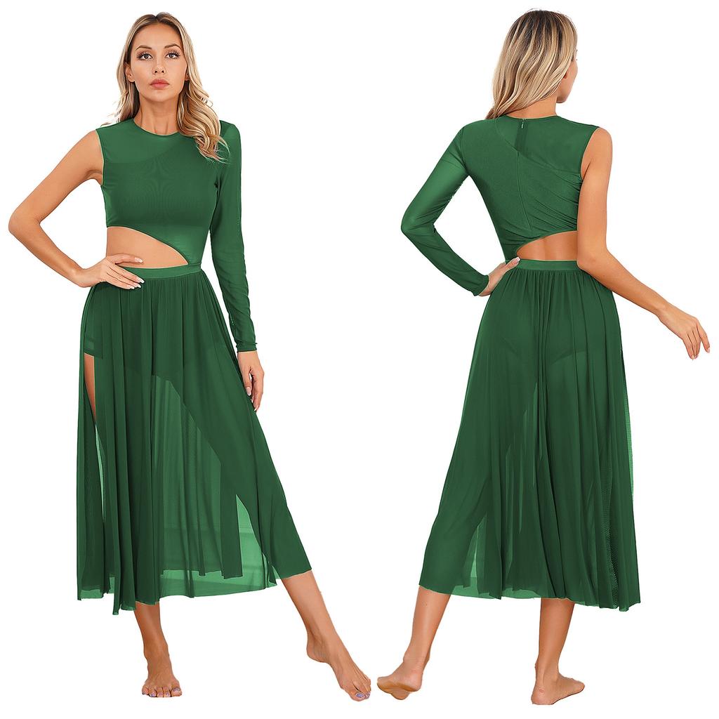 Women Lyrical Modern Contemporary Dance Leotard Patchwork Side Split Mesh Dress Flowy Costume