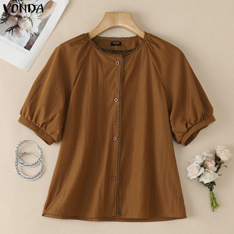VONDA Women Summer O Neck Crochet Hem Casual Short Sleeve Blouse Tops L