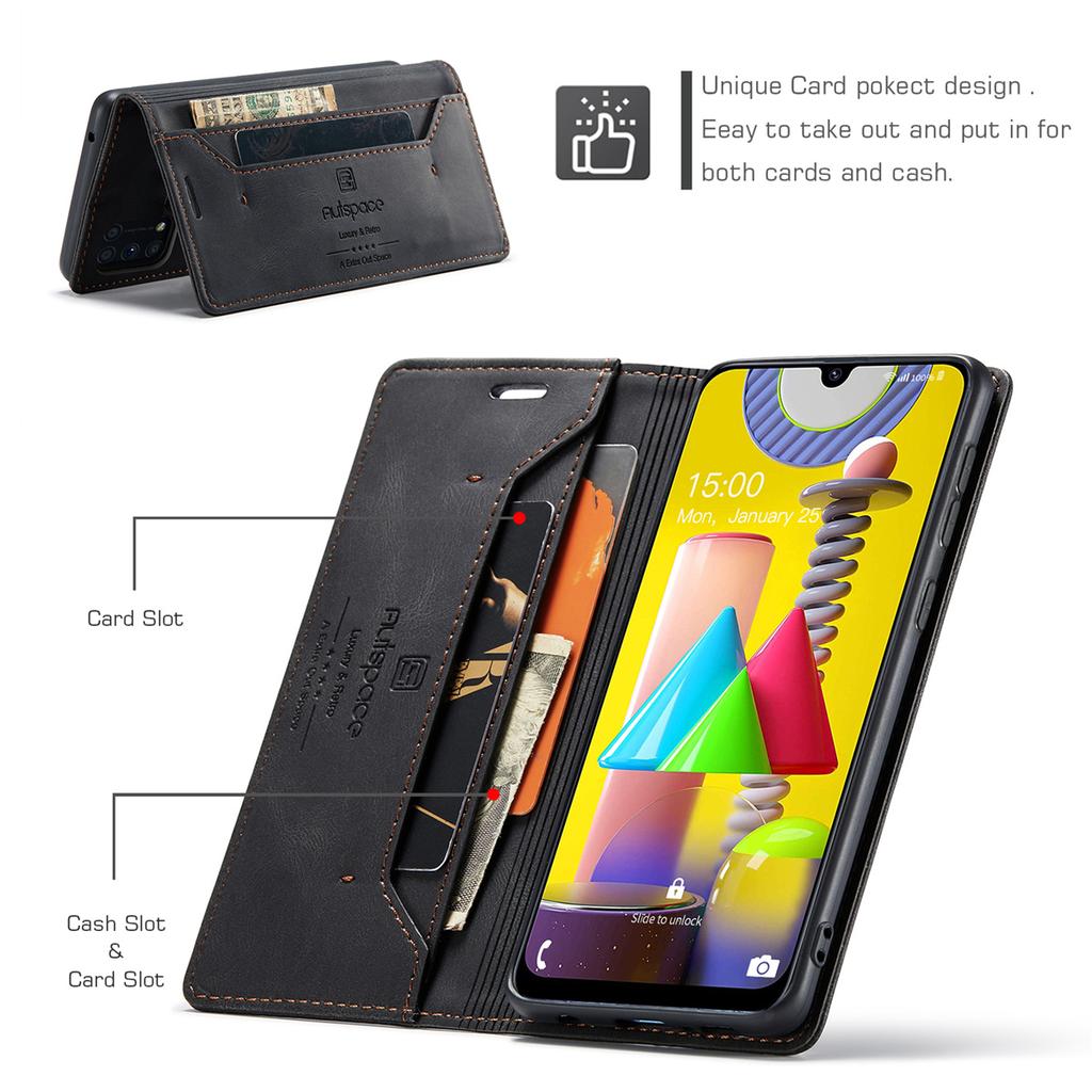 For Samsung Galaxy M31 / M31 Prime / F41 / M21s Vintage Leather Flip Wallet Case with RFID Blocking Card Slot, Matte Retro Folio Cover (4 Colors)