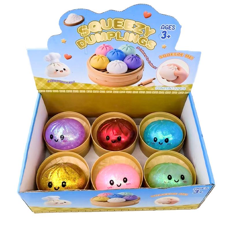 12 Pcs Realistic Giant Dumpling Squeeze Toy With Bamboo Steamer Soft Dough Ball Decompression Fidget Toy Funny Creative Gift