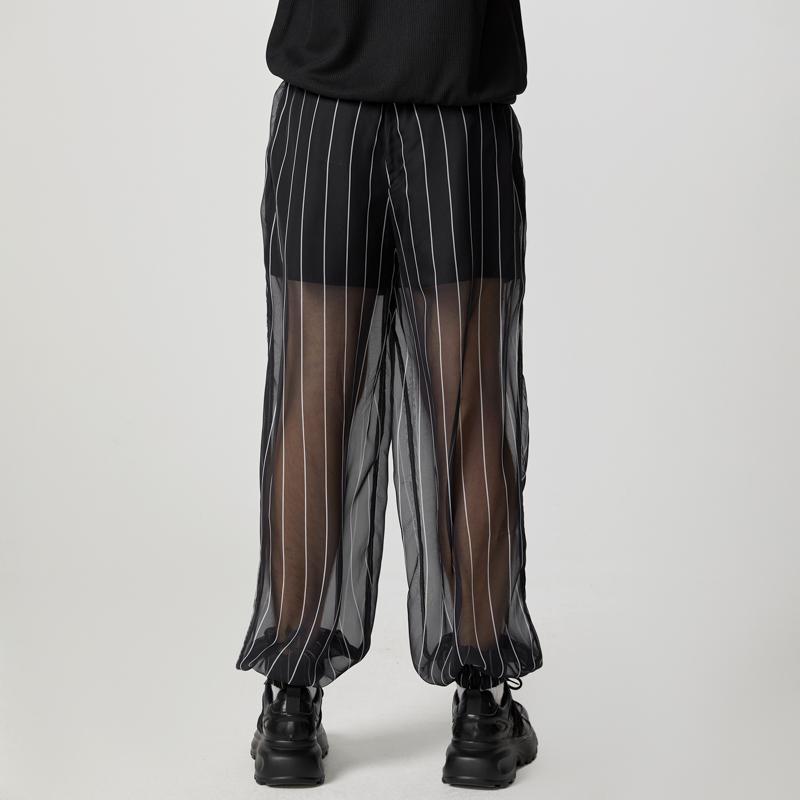 INCERUN Men Mesh Sheer Patchwork Pants Elastic Waist Striped Layers Lantern Trousers