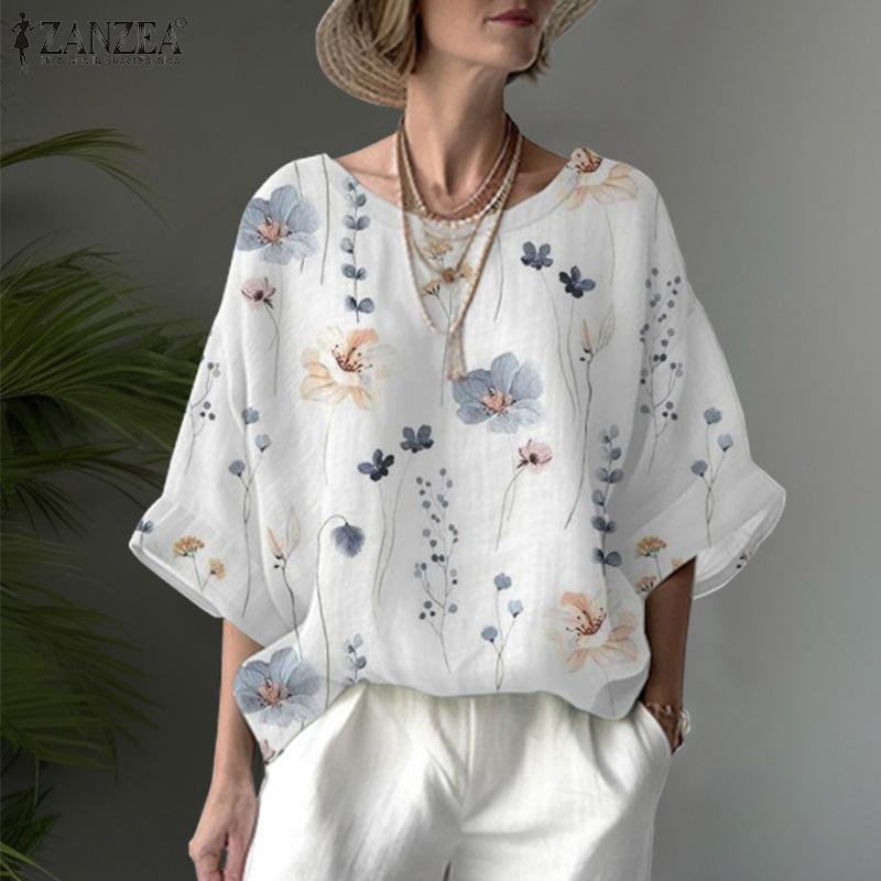 

ZANZEA Женская блузка с круглым вырезом и заниженными плечами с цветочным принтом