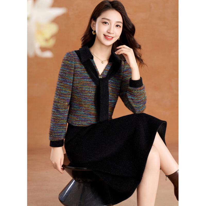 Ke Bei Er Faux Mink Patchwork Color-Block Scarf Collar A-Line Dress