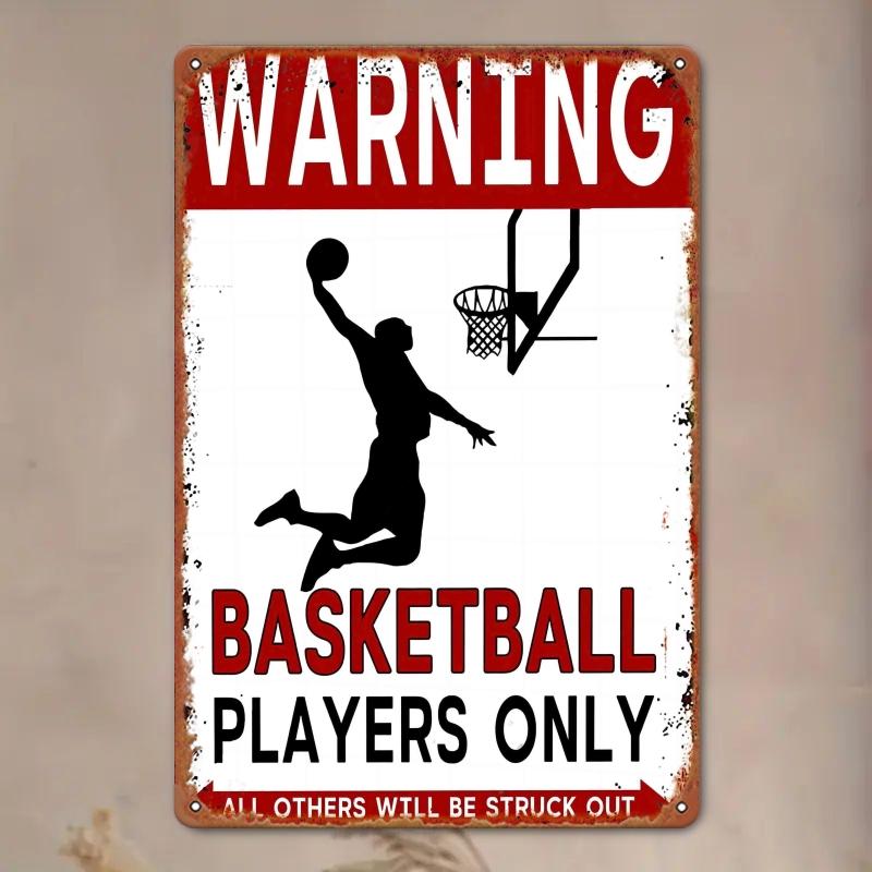 1pc Basketball Warning Metal Sign Rustic Red & White Wall Decor with Humorous Sports Message, Basketball Room Deco