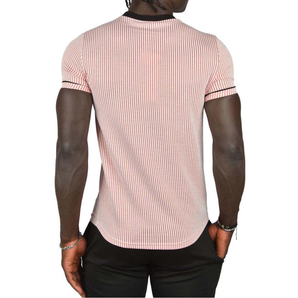 DeepSEA Slim Fit Lycra Striped Collar and Striped Sleeves Lucky Text T-Shirt 2403201