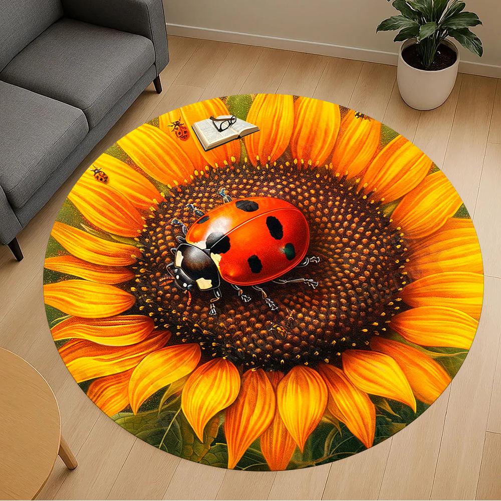 1 Stück Marienkäfer Sonnenblume Büro Runder Teppich, Unter Bürostühlen Schlafzimmer Wohnzimmer Heimdekoration, Teppich für Büro -1110047