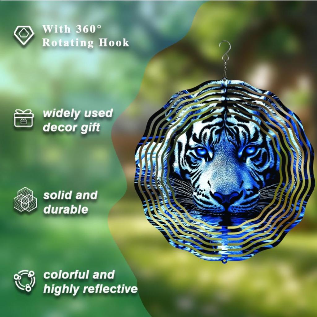 Metal Wind Spinner 2D Blue Tiger Design Hanging Decor for Garden Yard Balcony Outdoor Decoration No Battery Needed