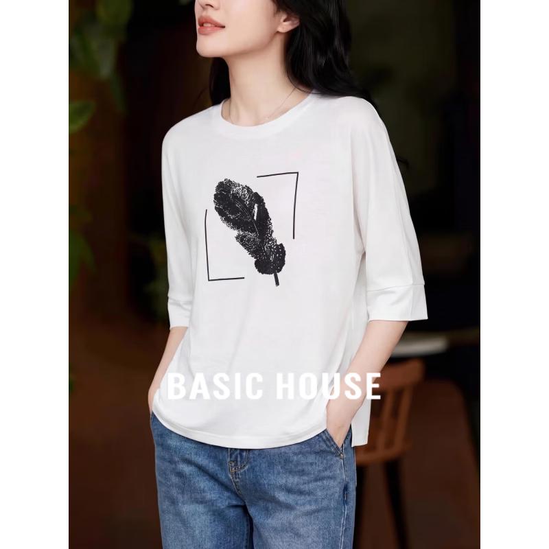 Basic House Women s Printed Seven-Quarter Sleeve Cotton T-Shirt One Size