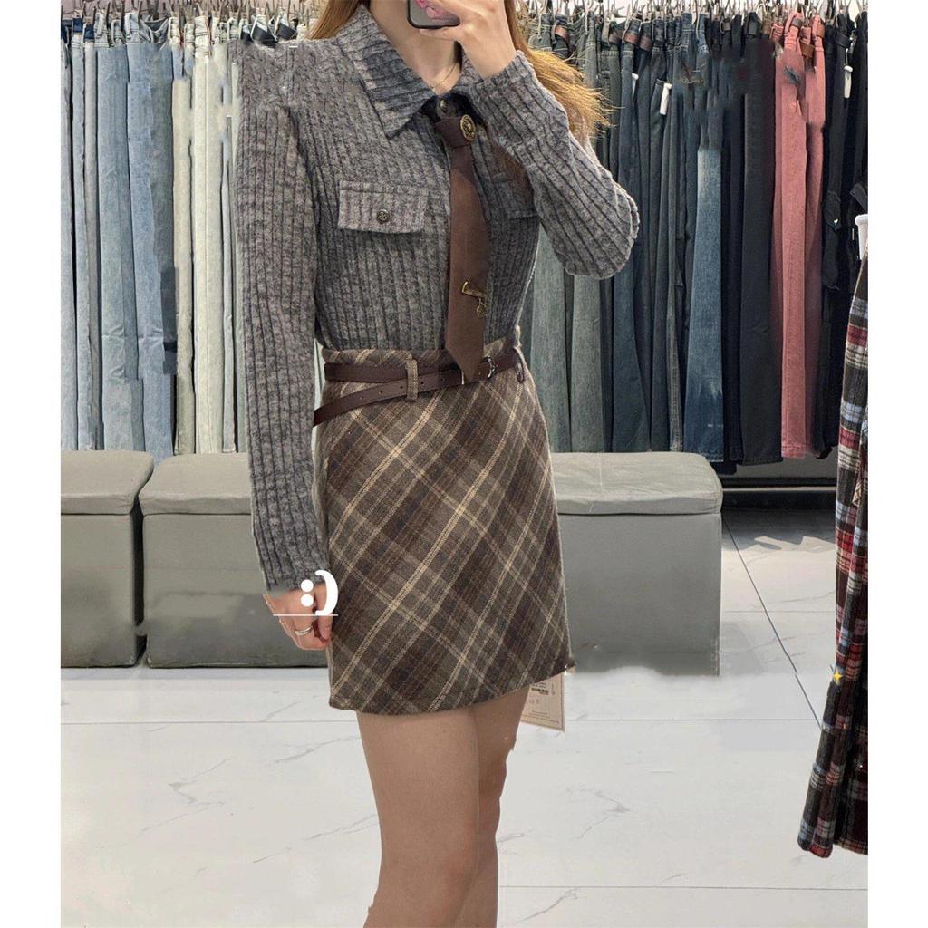 Slimming Plaid Woolen Skirt for Women - Elegant Korean Style, Knee-Length, Anti-Exposure