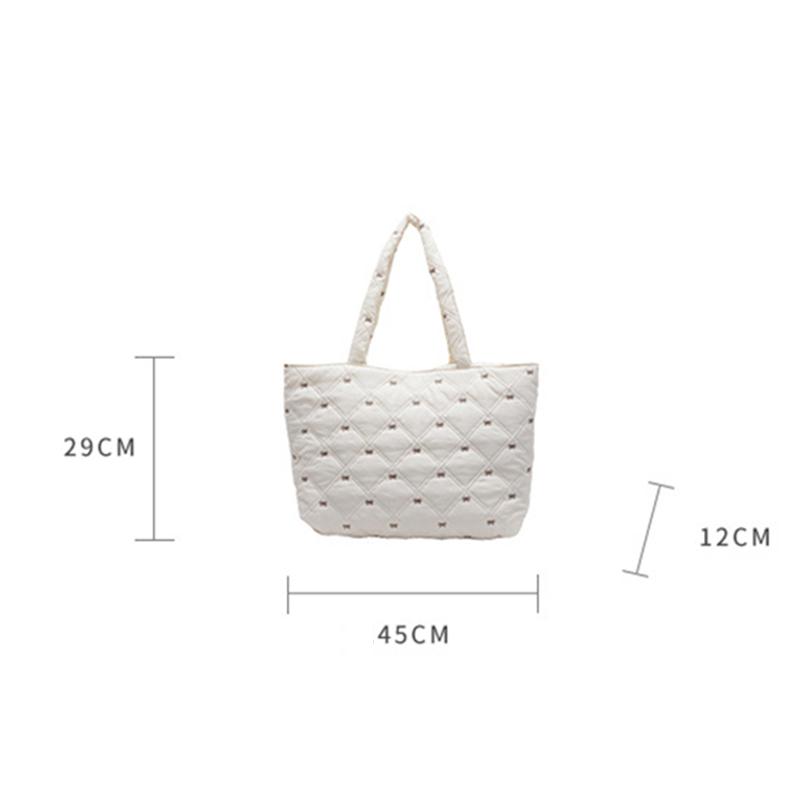 Large Capacity Shoulder Bag Cute Sweet Bow Prints Handbag Soft Puffer Tote Bag Women Commute Casual Simple Storage Bag