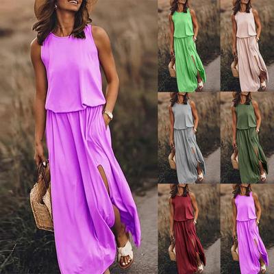 Moda casual feminina sólida sexy magro sem costas sem mangas vestido longo