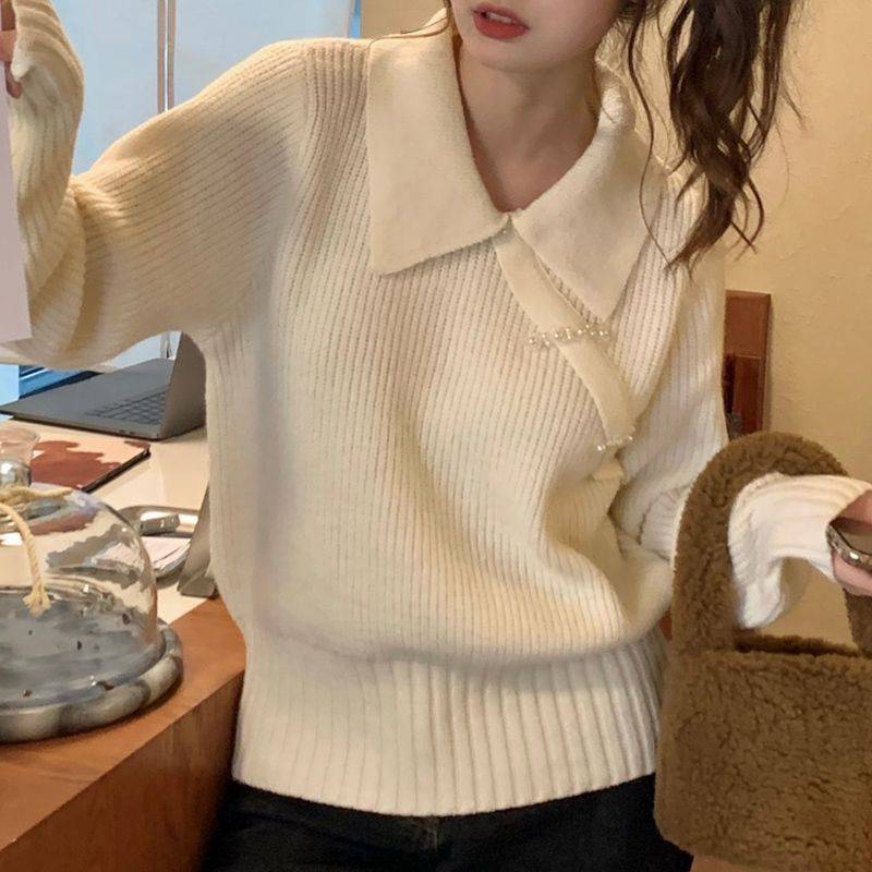 Polo collar loose pullover autumn and winter antique new top lazy chic knitted sweater women's trend