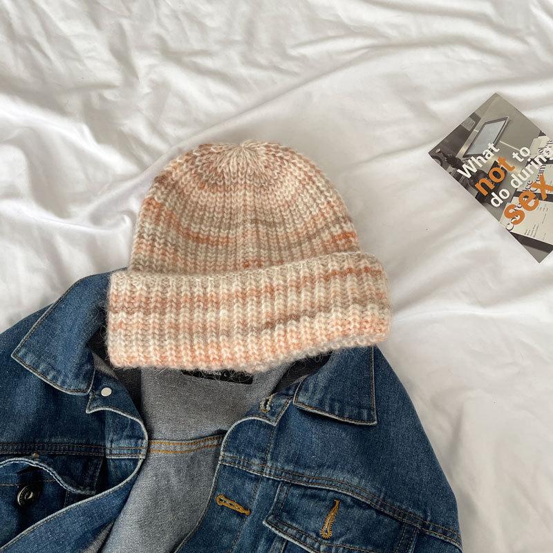 Minority Gradient Knitted Hat Mixed Thread Winter Warm Knitted Yarn Hat Cold Hat for Women