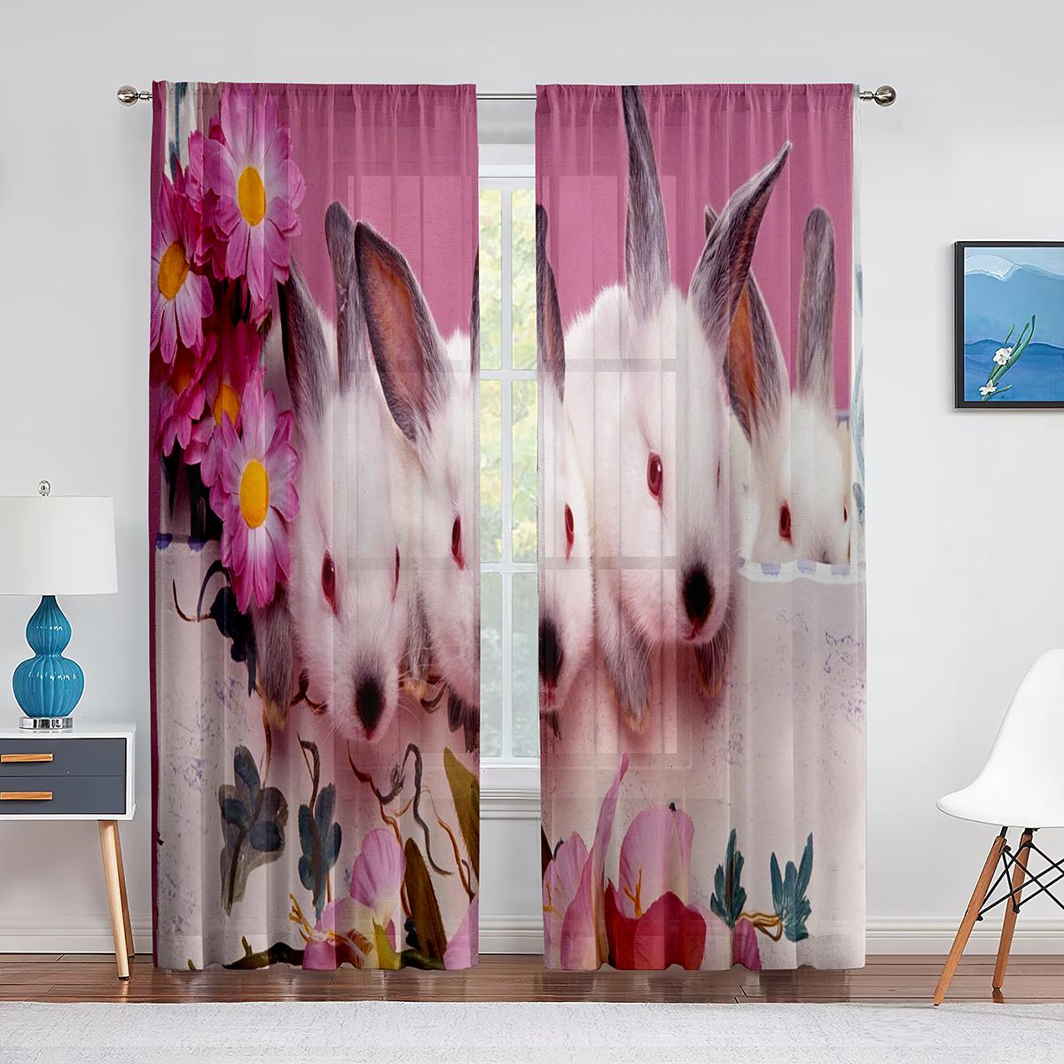 Прозрачные шторы с милыми котами и кроликами и маленькими животными для гостиной — фото 11