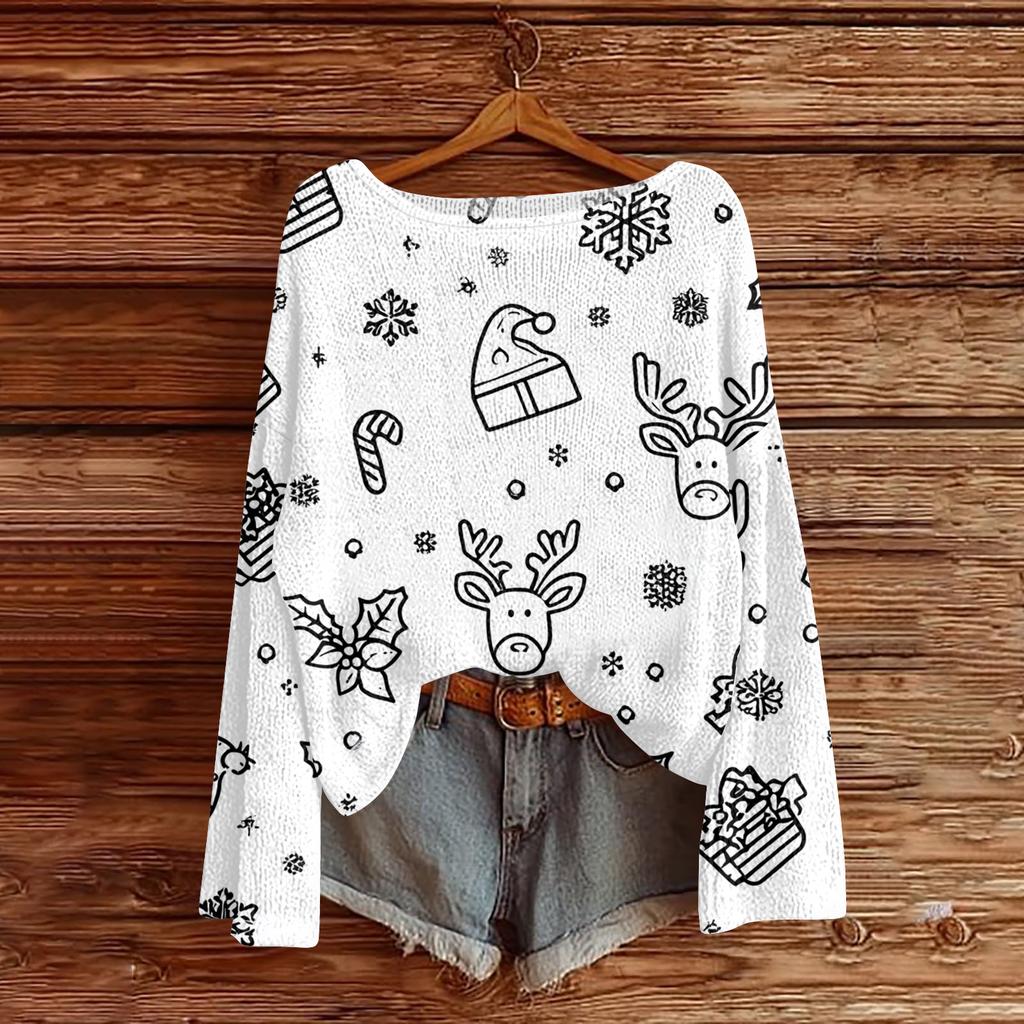 Women's Round Neck Lightweight Sweater Casual Long Sleeve Christmas Print Knit Pullover