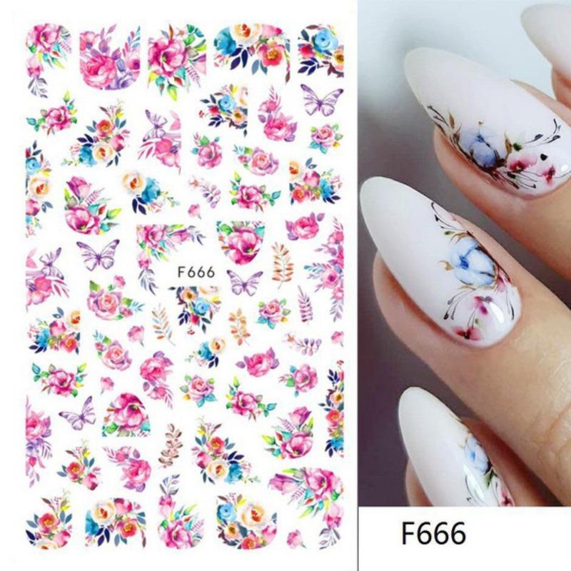

3D винтажные наклейки для ногтей с розами, акварельные цветочные растения, подвески для ногтей в виде бабочек, украшения для французского маникюра, мраморные наклейки LEBF1013
