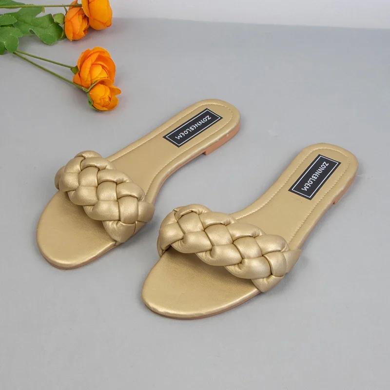 Fashion New Designer Fashion Summer Sandals Women Flat Bottom Ladies PU Leather Slides Weave Slip on Sandal Woman Outside Beach Shoes