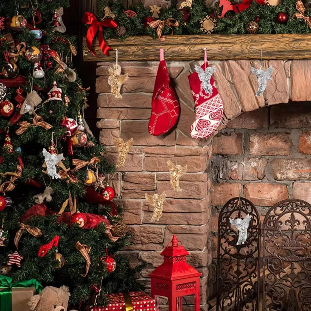 6 szt. z sznurkiem do zawieszenia Zawieszka świąteczna Anioł Złoty/Srebrny Figurka Aniołów Bożonarodzeniowych Kominek