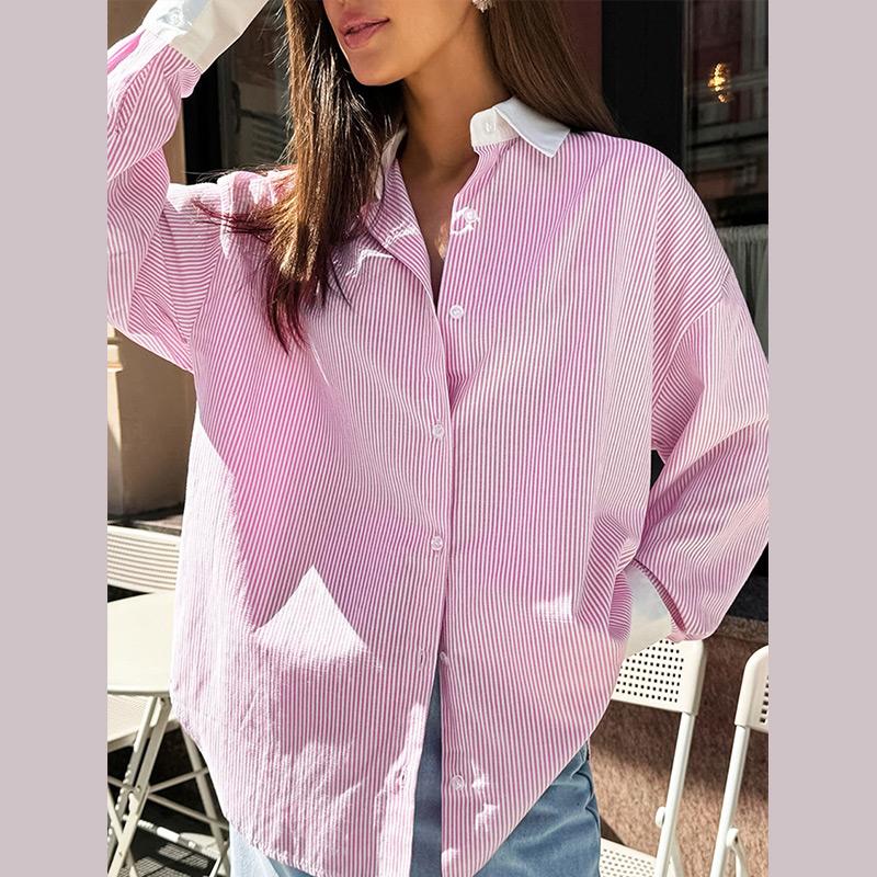 Casual Vintage Striped Long Sleeve ShirtsWomen Loose Lapel Single Breasted Oversize Blouse Fashion Versatile Daily Tops