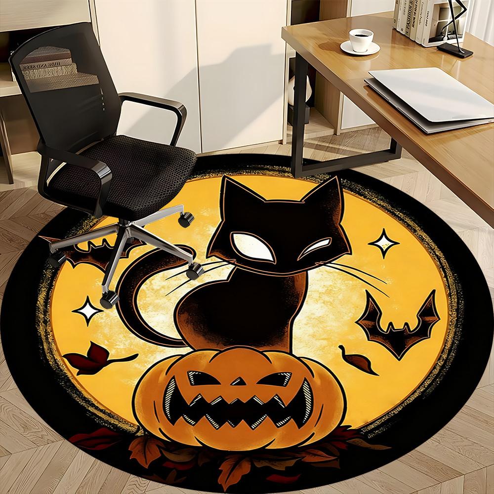 1PC Halloween Cat Office Round Area Rug, Mat Suitable ForOffice, Under Office Chairs Bedroom Living Room Home Decor, Room Deco