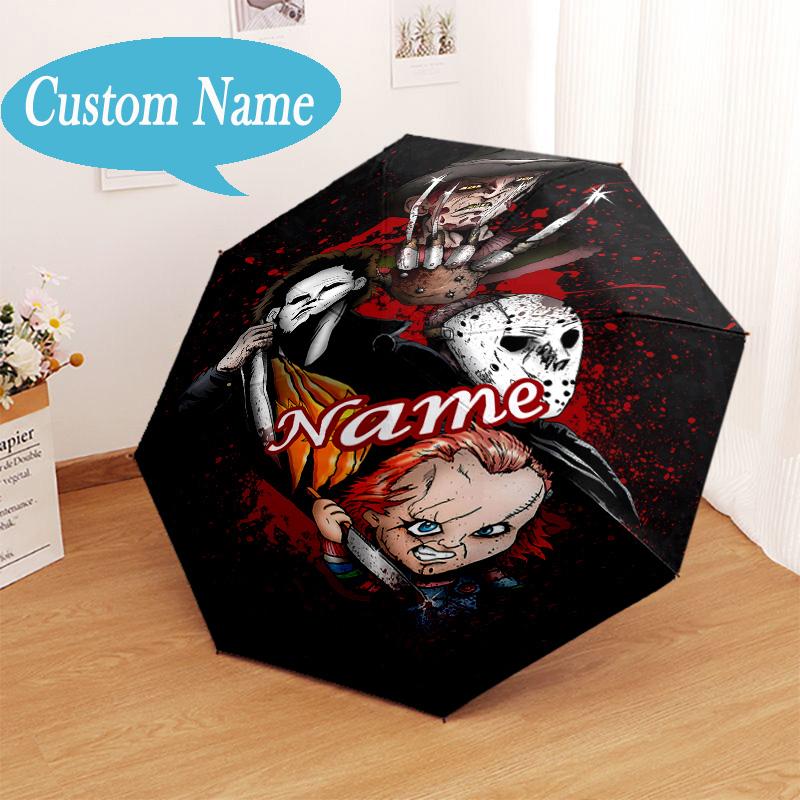 Custom Name Horror Characters Umbrella Folding Umbrella, Automatic Umbrella 8-Frame for Travel, Casual Lightweight Birthday Christmas gift