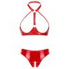 Womens Patent Leather Lingerie Set Halter Neck Open Cup Bra Crotchless Briefs Wet Look Clubwear Night Outfit