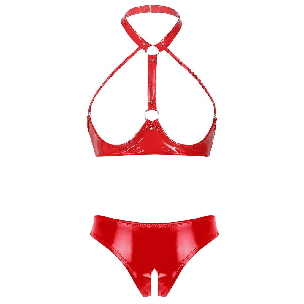 Womens Patent Leather Lingerie Set Halter Neck Open Cup Bra Crotchless Briefs Wet Look Clubwear Night Outfit