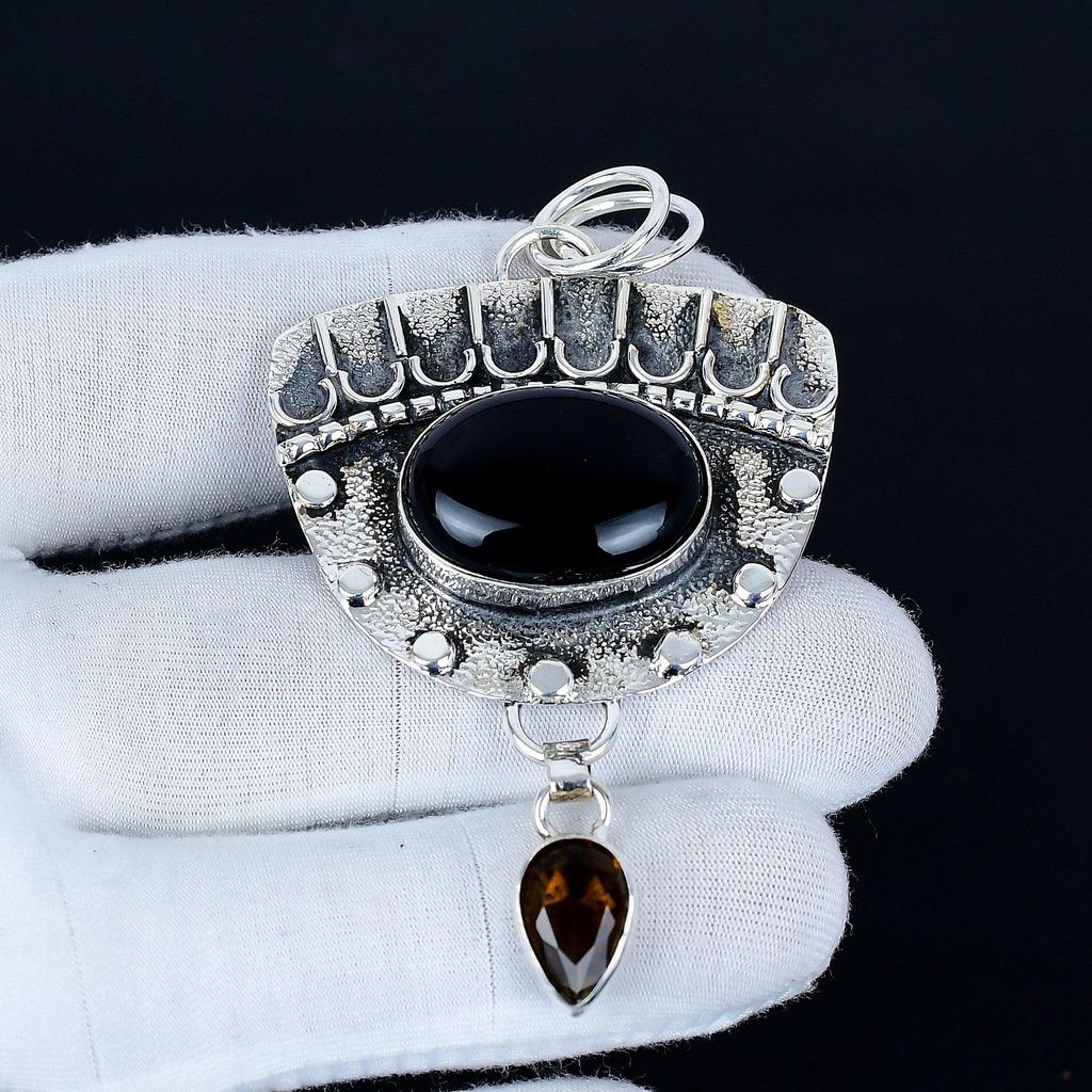 Black Onyx Pendant, 925 Sterling Silver Handmade Jewelry, Smoky Topaz Silver Pendant, Party Wear Jewelry For Women's, Pendant Engagement Gift